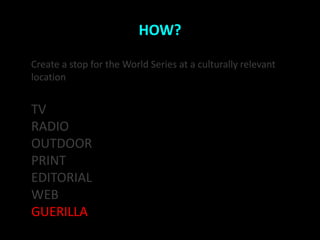 HOW?

Create a stop for the World Series at a culturally relevant
location


TV
RADIO
OUTDOOR
PRINT
EDITORIAL
WEB
GUERILLA
 