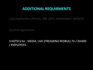 ADDITIONAL REQUIRMENTS

Local Authorities (POLICE, FIRE DEPT, EMERGENCY SERVICE)


Location Agreement


3 HOTELS for : MEDIA, LIVE STREAMING REDBULL.TV / DIVERS
/ EMPLOYEES
 