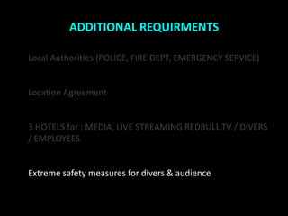ADDITIONAL REQUIRMENTS

Local Authorities (POLICE, FIRE DEPT, EMERGENCY SERVICE)


Location Agreement


3 HOTELS for : MEDIA, LIVE STREAMING REDBULL.TV / DIVERS
/ EMPLOYEES


Extreme safety measures for divers & audience
 