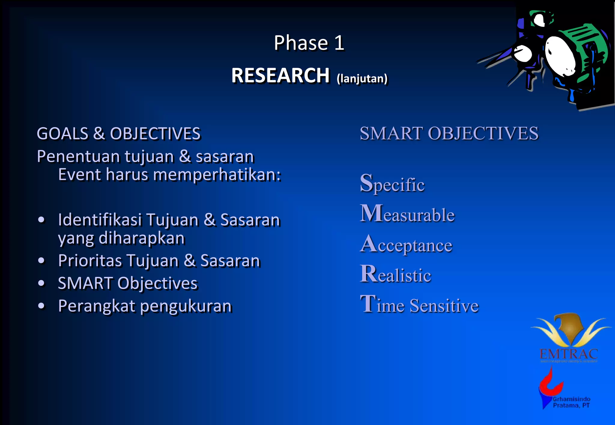 Phase 1
RESEARCH (lanjutan)
GOALS & OBJECTIVES
Penentuan tujuan & sasaran
Event harus memperhatikan:
• Identifikasi Tujuan & Sasaran
yang diharapkan
• Prioritas Tujuan & Sasaran
• SMART Objectives
• Perangkat pengukuran
SMART OBJECTIVES
Specific
Measurable
Acceptance
Realistic
Time Sensitive
 