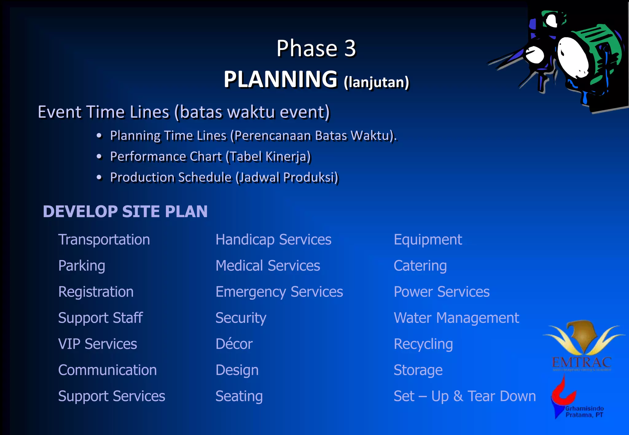 Phase 3
PLANNING (lanjutan)
Event Time Lines (batas waktu event)
• Planning Time Lines (Perencanaan Batas Waktu).
• Performance Chart (Tabel Kinerja)
• Production Schedule (Jadwal Produksi)
DEVELOP SITE PLAN
Transportation
Parking
Registration
Support Staff
VIP Services
Communication
Support Services
Handicap Services
Medical Services
Emergency Services
Security
Décor
Design
Seating
Equipment
Catering
Power Services
Water Management
Recycling
Storage
Set – Up & Tear Down
 