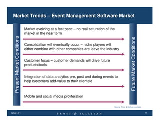 Market Trends – Event Management Software Market

Consolidation will eventually occur – niche players will
either combine with other companies are leave the industry
Customer focus – customer demands will drive future
products/tools
Integration of data analytics pre, post and during events to
help customers add-value to their clientele

Future Market Conditions

Present Market Conditions

Market evolving at a fast pace – no real saturation of the
market in the near term

Mobile and social media proliferation
Source: Frost & Sullivan analysis.

ND46 - F1

11

 