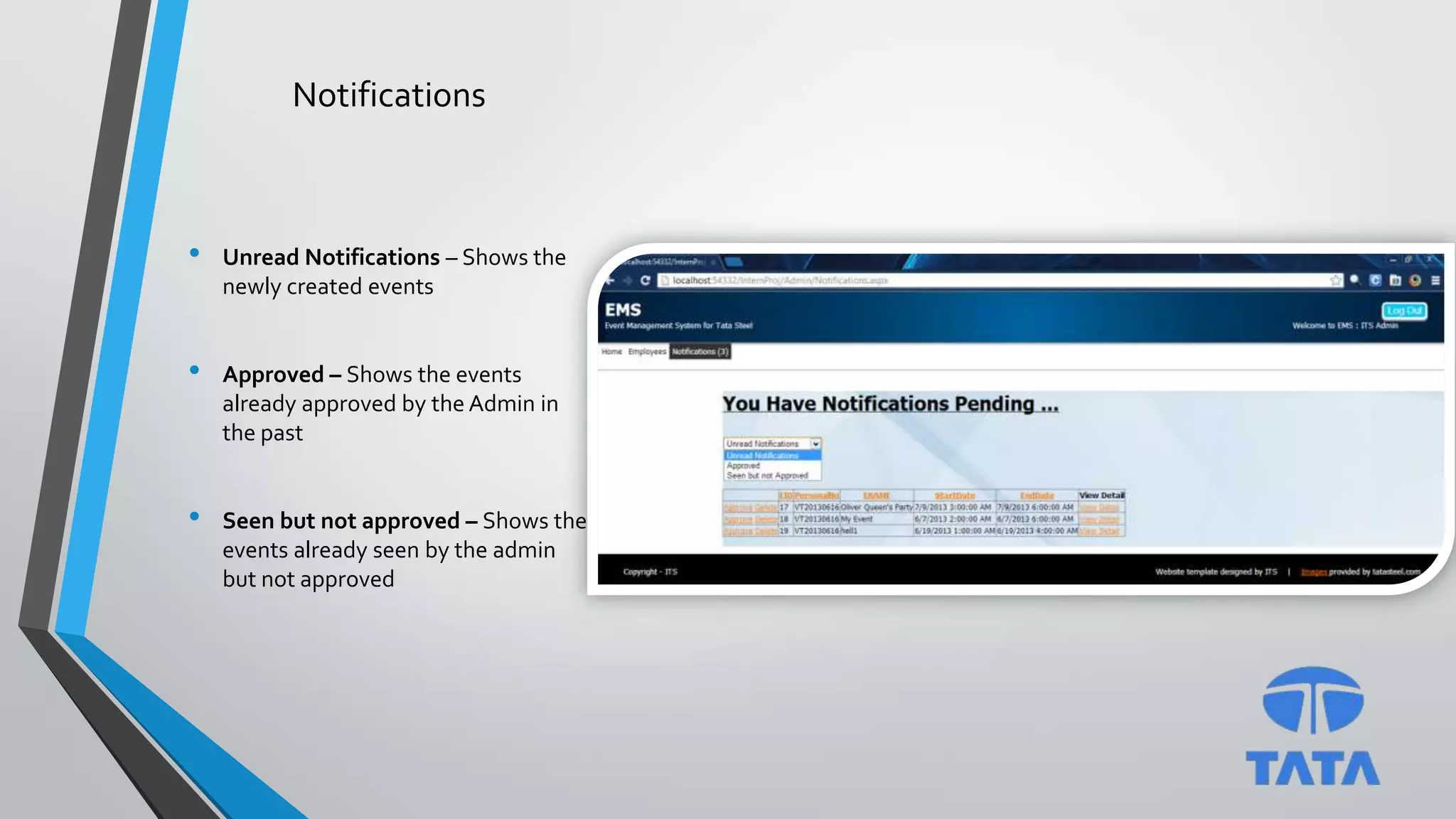 Notifications
• Unread Notifications – Shows the
newly created events
• Approved – Shows the events
already approved by the Admin in
the past
• Seen but not approved – Shows the
events already seen by the admin
but not approved
 