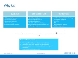 Why Us
www.lakeb2b.com info@lakeb2b.com (800) 710-5516
Our Belief
• Collaborative Approach
• Transparency in Work
• Simplicity in Approach
• Efficient Delivery
• Prompt/Customer- Support
USP and Strength Our Services
• 32 Million Database
• Diversified Industries List
• Integrated Marketing
• Multi Level Email Verification
• In House Specialized Team for all our
offered services
• Database Management and Delivery
• Social media Marketing
• TeleCalling
• SEO
• Event Marketing Services
• Web Development
Turning traffic into revenue!
• Creating offers that your audience need and want
• Generating leads form websites and landing pages
• Generating sales from online leads by lead nurturing and
conversion
• Analyze and measure you results
 