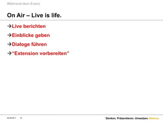 On Air – Live is life.Live berichtenEinblickegebenDialogeführen“Extension vorbereiten”Währenddem Event.9/1/11Denken. Präsentieren. Umsetzen.15