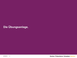 Die Übungsanlage.9/1/114Denken. Präsentieren. Umsetzen.