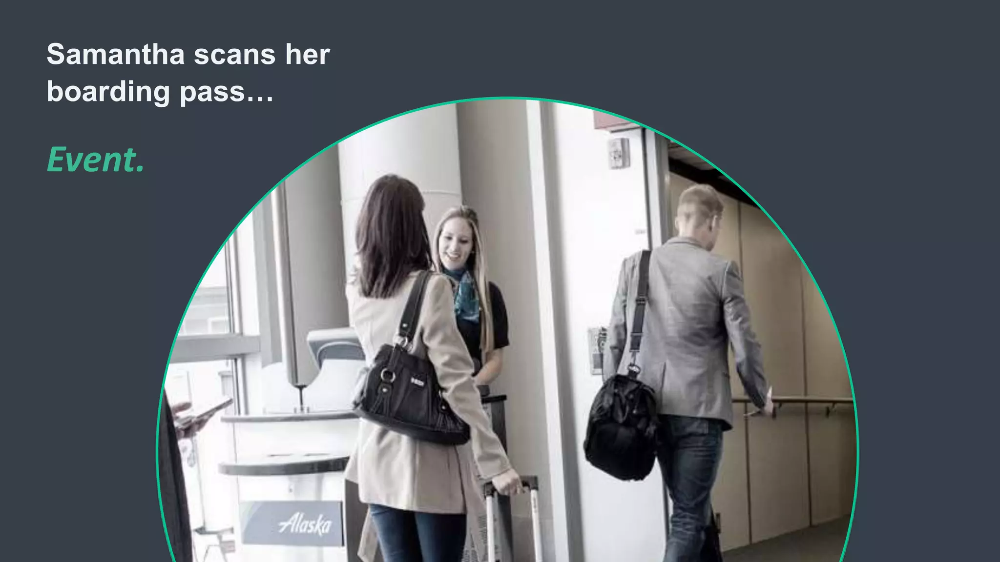 Samantha scans her
boarding pass…
Event.
 