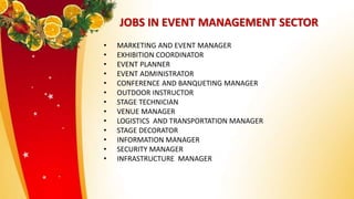 JOBS IN EVENT MANAGEMENT SECTOR
• MARKETING AND EVENT MANAGER
• EXHIBITION COORDINATOR
• EVENT PLANNER
• EVENT ADMINISTRATOR
• CONFERENCE AND BANQUETING MANAGER
• OUTDOOR INSTRUCTOR
• STAGE TECHNICIAN
• VENUE MANAGER
• LOGISTICS AND TRANSPORTATION MANAGER
• STAGE DECORATOR
• INFORMATION MANAGER
• SECURITY MANAGER
• INFRASTRUCTURE MANAGER
 