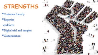 STRENGTHS
Customer friendly
Expertise
workforce
Digital trial and samples
Customization
 