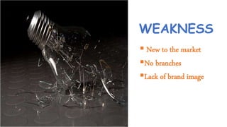 WEAKNESS
 New to the market
No branches
Lack of brand image
 