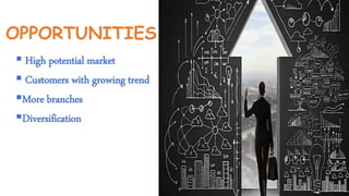 OPPORTUNITIES
 High potential market
 Customers with growing trend
More branches
Diversification
 