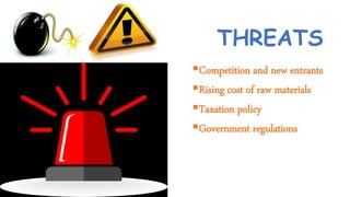 THREATS
Competition and new entrants
Rising cost of raw materials
Taxation policy
Government regulations
 