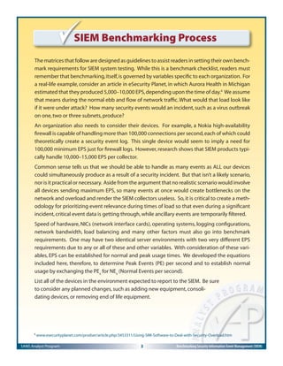 SANS Analyst Program 3 Benchmarking Security Information Event Management (SIEM)
SIEM Benchmarking Process
The matrices that follow are designed as guidelines to assist readers in setting their own bench-
mark requirements for SIEM system testing. While this is a benchmark checklist, readers must
remember that benchmarking,itself,is governed by variables speciﬁc to each organization. For
a real-life example, consider an article in eSecurity Planet, in which Aurora Health in Michigan
estimated that they produced 5,000–10,000 EPS,depending upon the time of day.4
We assume
that means during the normal ebb and ﬂow of network trafﬁc.What would that load look like
if it were under attack? How many security events would an incident,such as a virus outbreak
on one,two or three subnets,produce?
An organization also needs to consider their devices. For example, a Nokia high-availability
ﬁrewall is capable of handling more than 100,000 connections per second,each of which could
theoretically create a security event log. This single device would seem to imply a need for
100,000 minimum EPS just for ﬁrewall logs. However,research shows that SIEM products typi-
cally handle 10,000–15,000 EPS per collector.
Common sense tells us that we should be able to handle as many events as ALL our devices
could simultaneously produce as a result of a security incident. But that isn’t a likely scenario,
nor is it practical or necessary. Aside from the argument that no realistic scenario would involve
all devices sending maximum EPS, so many events at once would create bottlenecks on the
network and overload and render the SIEM collectors useless. So,it is critical to create a meth-
odology for prioritizing event relevance during times of load so that even during a signiﬁcant
incident,critical event data is getting through,while ancillary events are temporarily ﬁltered.
Speed of hardware, NICs (network interface cards), operating systems, logging conﬁgurations,
network bandwidth, load balancing and many other factors must also go into benchmark
requirements. One may have two identical server environments with two very different EPS
requirements due to any or all of these and other variables. With consideration of these vari-
ables, EPS can be established for normal and peak usage times. We developed the equations
included here, therefore, to determine Peak Events (PE) per second and to establish normal
usage by exchanging the PEx
for NEx
(Normal Events per second).
List all of the devices in the environment expected to report to the SIEM. Be sure
to consider any planned changes,such as adding new equipment,consoli-
dating devices,or removing end of life equipment.
4
www.esecurityplanet.com/prodser/article.php/3453311/Using-SIM-Software-to-Deal-with-Security-Overload.htm
 