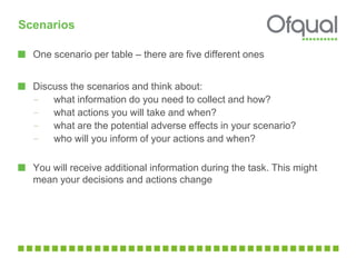 Scenarios
One scenario per table – there are five different ones
Discuss the scenarios and think about:
– what information do you need to collect and how?
– what actions you will take and when?
– what are the potential adverse effects in your scenario?
– who will you inform of your actions and when?
You will receive additional information during the task. This might
mean your decisions and actions change
 