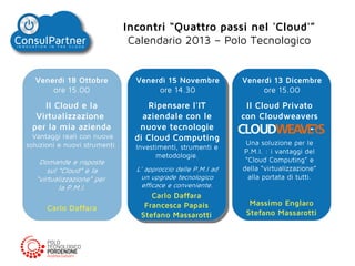 Incontri “Quattro passi nel 'Cloud'”
Calendario 2013 – Polo Tecnologico
Venerdì 13 Dicembre
ore 15.00

Il Cloud Privato
con Cloudweavers
Una soluzione per le
P.M.I. : i vantaggi del
“Cloud Computing” e
della “virtualizzazione”
alla portata di tutti.

Massimo Englaro
Stefano Massarotti

 
