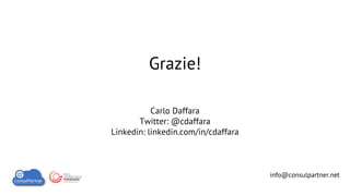 Grazie!
Carlo Daffara
Twitter: @cdaffara
Linkedin: linkedin.com/in/cdaffara

info@consulpartner.net

 