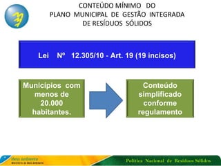 Política Nacional de Resíduos Sólidos
Lei Nº 12.305/10 - Art. 19 (19 incisos)
CONTEÚDO MÍNIMO DO
PLANO MUNICIPAL DE GESTÃO INTEGRADA
DE RESÍDUOS SÓLIDOS
Municípios com
menos de
20.000
habitantes.
Conteúdo
simplificado
conforme
regulamento
 
