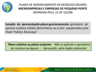 Política Nacional de Resíduos Sólidos
Plano coletivo ou plano conjunto - Não se aplicam a geradores
de resíduos perigosos - Aprovação pelo órgão ambiental
PLANO DE GERENCIAMENTO DE RESÍDUOS SÓLIDOS
MICROEMPRESAS E EMPRESAS DE PEQUENO PORTE
DEFINIDAS PELA LC Nº 13/206
Isenção da apresentação plano gerenciamento: geradores de
apenas resíduos sólidos domiciliares ou a eles equiparados pelo
Poder Público Municipal
 