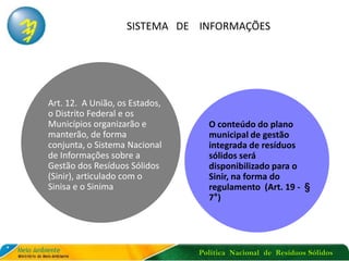 Política Nacional de Resíduos Sólidos
Art. 12. A União, os Estados,
o Distrito Federal e os
Municípios organizarão e
manterão, de forma
conjunta, o Sistema Nacional
de Informações sobre a
Gestão dos Resíduos Sólidos
(Sinir), articulado com o
Sinisa e o Sinima
O conteúdo do plano
municipal de gestão
integrada de resíduos
sólidos será
disponibilizado para o
Sinir, na forma do
regulamento (Art. 19 - §
7°)
SISTEMA DE INFORMAÇÕES
 