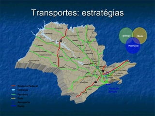 Transportes: estratégiasTransportes: estratégias





Porto de
Santos
Rodovia Federal
Hidrovia
Duto
Ferrovia
 Aeroporto
Porto
Energia
Plan/Gest
Modo
 