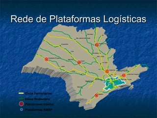 Rede de Plataformas LogísticasRede de Plataformas Logísticas
Plataformas Interior
Plataformas RMSP
Eixos Ferroviários
Eixos Rodoviário
 
