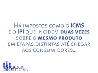 Há impostos como o ICMS
e o IPI que incidem duas vezes
sobre o mesmo produto
em etapas distintas até chegar
aos consumidores...
 