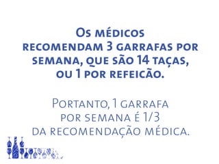 Os médicos
recomendam 3 garrafas por
semana, que são 14 taças,
ou 1 por refeicão.
Portanto, 1 garrafa
por semana é 1/3
da recomendação médica.
 