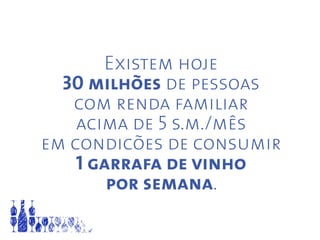 Existem hoje
30 milhões de pessoas
com renda familiar
acima de 5 s.m./mês
em condicões de consumir
1 garrafa de vinho
por semana.
 