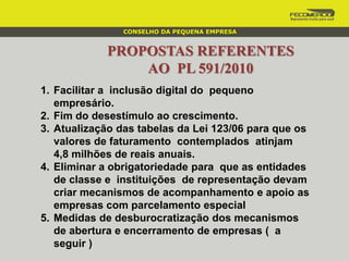 PROPOSTAS REFERENTES
AO PL 591/2010
1. Facilitar a inclusão digital do pequeno
empresário.
2. Fim do desestímulo ao crescimento.
3. Atualização das tabelas da Lei 123/06 para que os
valores de faturamento contemplados atinjam
4,8 milhões de reais anuais.
4. Eliminar a obrigatoriedade para que as entidades
de classe e instituições de representação devam
criar mecanismos de acompanhamento e apoio as
empresas com parcelamento especial
5. Medidas de desburocratização dos mecanismos
de abertura e encerramento de empresas ( a
seguir )
CONSELHO DA PEQUENA EMPRESA
 