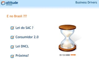E no Brasil ???
Lei do SAC ?
Consumidor 2.0
Lei DNCL
Próxima? 01/12/2008
Business Drivers
 