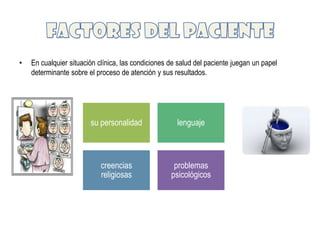 •   En cualquier situación clínica, las condiciones de salud del paciente juegan un papel
    determinante sobre el proceso de atención y sus resultados.




                        su personalidad               lenguaje



                            creencias                problemas
                            religiosas              psicológicos
 