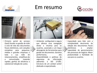 Alguns custos ocultos da NF-eRecepção dos documentosIntegração com portais e outros mecanismos de acesso aos documentosGestão dos e-mails contendo documentosErros, Vírus e Malwares, etc.Comunicação/interação com os fornecedoresValidação junto à SEFAZRegistros para complianceGestão e armazenagem dos documentosOperações de backup e administração de cópias de segurançaAtendimento dos usuários internosAtendimento aos clientesCustos e sobrecarga dos canais de atendimentoAtendimento das outras “partes interessadas”Bancos e agentes financeiros, auditores, etc.