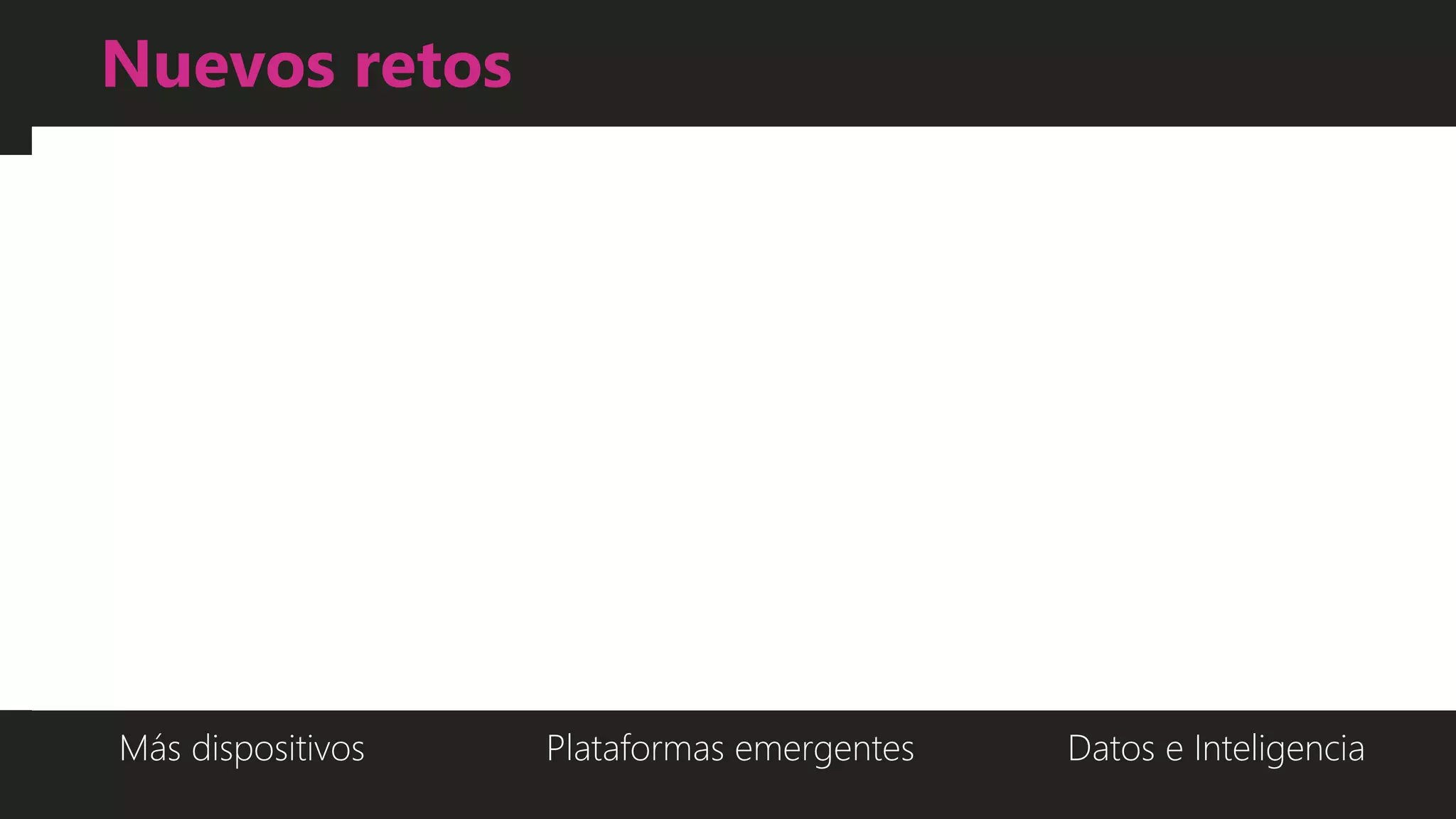 Nuevos retos
Más dispositivos Plataformas emergentes Datos e Inteligencia
 