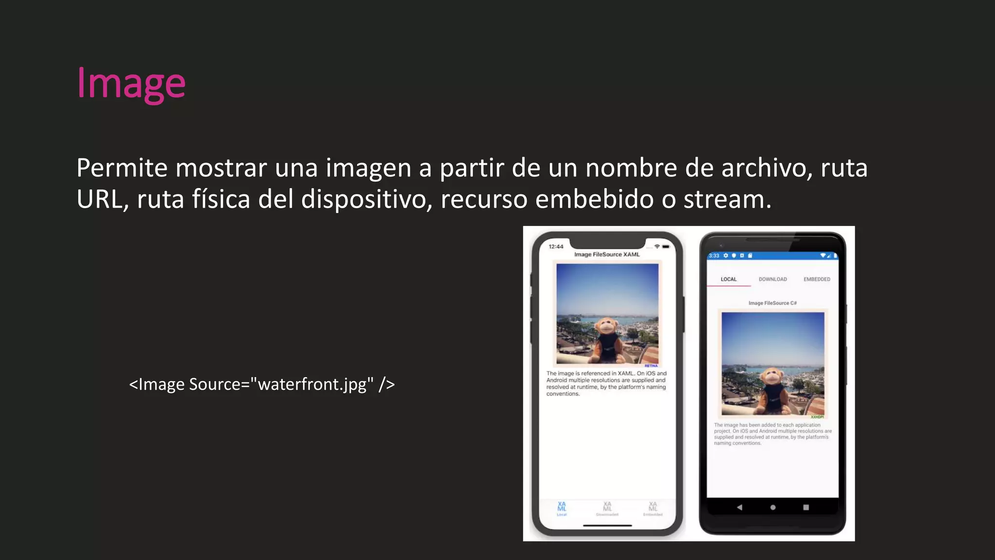 Image
Permite mostrar una imagen a partir de un nombre de archivo, ruta
URL, ruta física del dispositivo, recurso embebido o stream.
<Image Source="waterfront.jpg" />
 