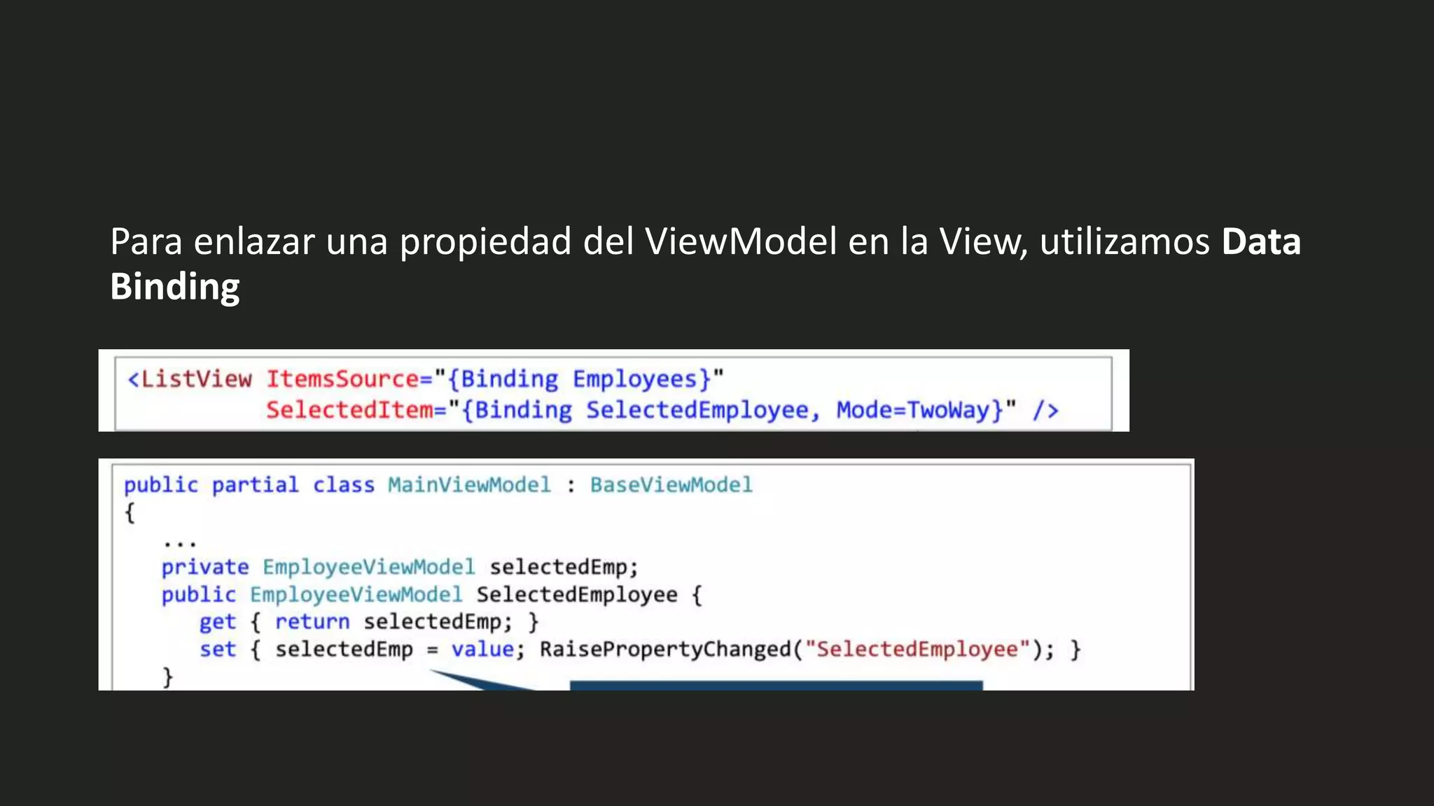 Para enlazar una propiedad del ViewModel en la View, utilizamos Data
Binding
 