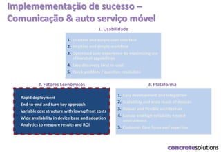 Implemementação de sucesso –
Comunicação & auto serviço móvel
1. Intuitive and simple user interface
2. Intuitive and simple workflow
3. Optimized user experience by maximizing use
of handset capabilities
4. Easy discovery (and re-use)
5. Quick problem / question resolution
1. Usabilidade
1. Easy development and integration
2. Scalability and wide reach of devices
3. Robust and flexible architecture
4. Secure and high reliability hosted
environment
5. Customer Care focus and expertise
3. Plataforma
1. Rapid deployment
2. End-to-end and turn-key approach
3. Variable cost structure with low upfront costs
4. Wide availability in device base and adoption
5. Analytics to measure results and ROI
2. Fatores Econômicos
 