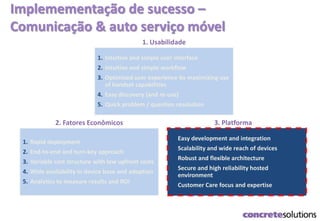 Implemementação de sucesso –
Comunicação & auto serviço móvel
1. Intuitive and simple user interface
2. Intuitive and simple workflow
3. Optimized user experience by maximizing use
of handset capabilities
4. Easy discovery (and re-use)
5. Quick problem / question resolution
1. Usabilidade
1. Easy development and integration
2. Scalability and wide reach of devices
3. Robust and flexible architecture
4. Secure and high reliability hosted
environment
5. Customer Care focus and expertise
3. Platforma
1. Rapid deployment
2. End-to-end and turn-key approach
3. Variable cost structure with low upfront costs
4. Wide availability in device base and adoption
5. Analytics to measure results and ROI
2. Fatores Econômicos
 