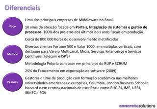 Diferenciais
Foco
Uma dos principais empresas de Middleware no Brasil
10 anos de atuação focada em Portais, Integração de sistemas e gestão de
processos. 100% dos projetos dos últimos dois anos fiscais em produção
Cerca de 800.000 horas de desenvolvimento metrificadas
Diversos clientes Fortune 500 e Valor 1000, em múltiplas verticais, com
destaque para Varejo Multicanal, Mídia, Serviços Financeiros e Serviços
Contínuos (Telecom e ISP’s)
Metodologia Própria com base em princípios do RUP e SCRUM
25% do Faturamento em exportação de software (2009)
Gestores e time de produção com formação acadêmica nas melhores
universidades americanas e européias, Columbia, London Business School e
Harvard e em centros nacionais de excelência como PUC-RJ, IME, UFRJ,
IBMEC e FGV
Pessoas
Método
 