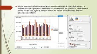  Neste exemplo, primeiramente vamos realizar alteração nos rótulos com os
nomes da lojas aplicando a orientação do texto em 90º, para isso, selecione o
rótulo (nome das lojas) e ao lado direito no painel propriedades, altere a
orientação do texto.
 