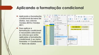 Aplicando a formatação condicional
 Aplicando a formatação
condicional de barra de
dados, nas colunas
Vendas 2010 e Vendas
2011.
 Para aplicar a
formatação condicional
é necessário selecionar
as colunas que serão
aplicadas a formatação
condicional, ir ao menu
Formatar >> Condicional
>> Barra de dados
 