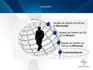 SUMARIO Modelo de Gestión de IES por la  Eficiencia Modelo de Gestión de IES por la  Efectividad Modelo de Gestión de IES por la  Eficacia Contextualización 