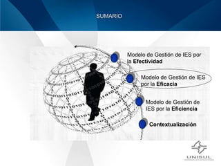 Modelo de Gestión de IES por la  Eficiencia Modelo de Gestión de IES por la  Efectividad Modelo de Gestión de IES por la  Eficacia Contextualización SUMARIO 