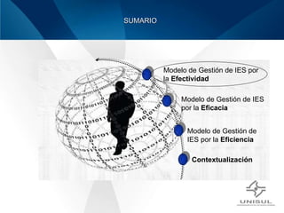 Modelo de Gestión de IES por la  Eficiencia Modelo de Gestión de IES por la  Efectividad Modelo de Gestión de IES por la  Eficacia Contextualización SUMARIO 
