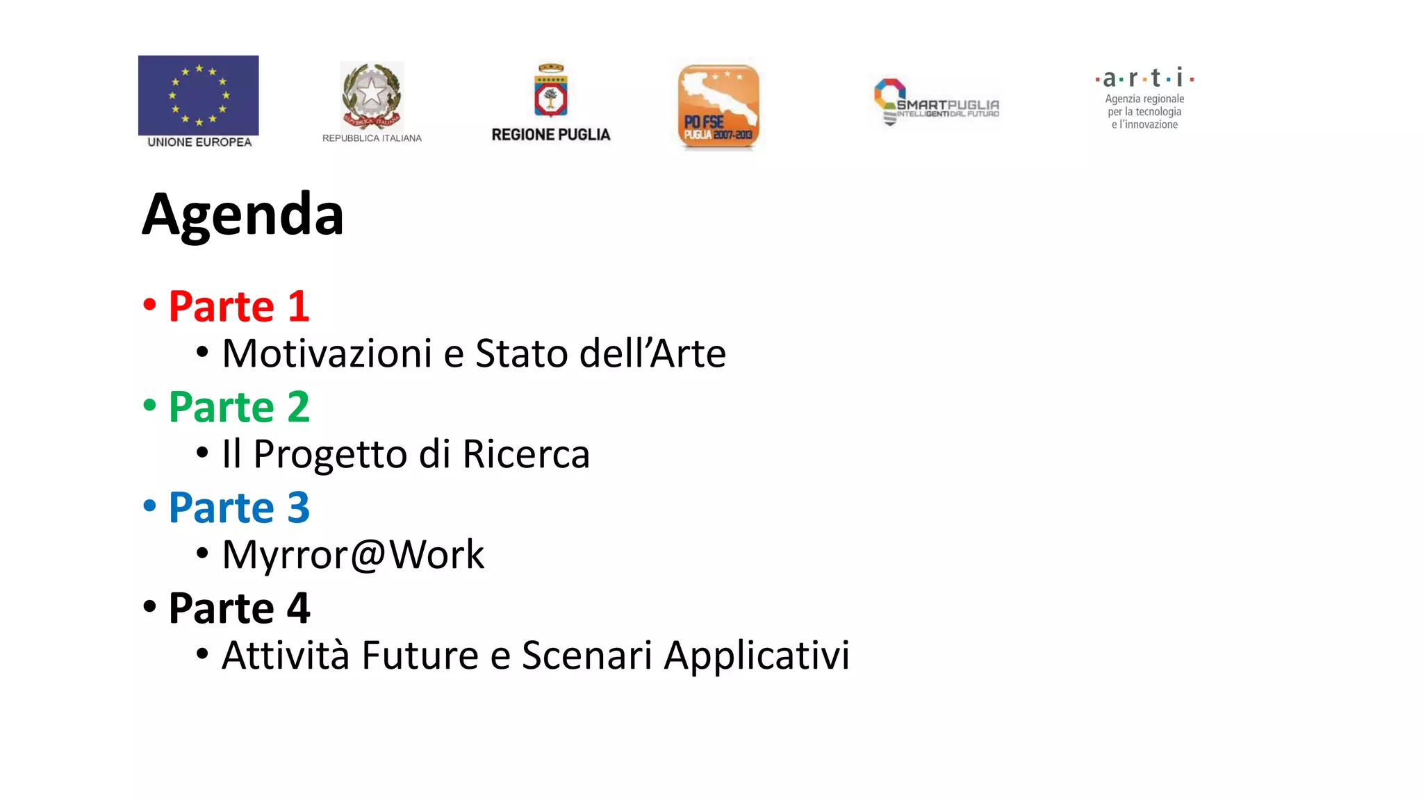 Agenda
• Parte 1
• Motivazioni e Stato dell’Arte
• Parte 2
• Il Progetto di Ricerca
• Parte 3
• Myrror@Work
• Parte 4
• Attività Future e Scenari Applicativi
 