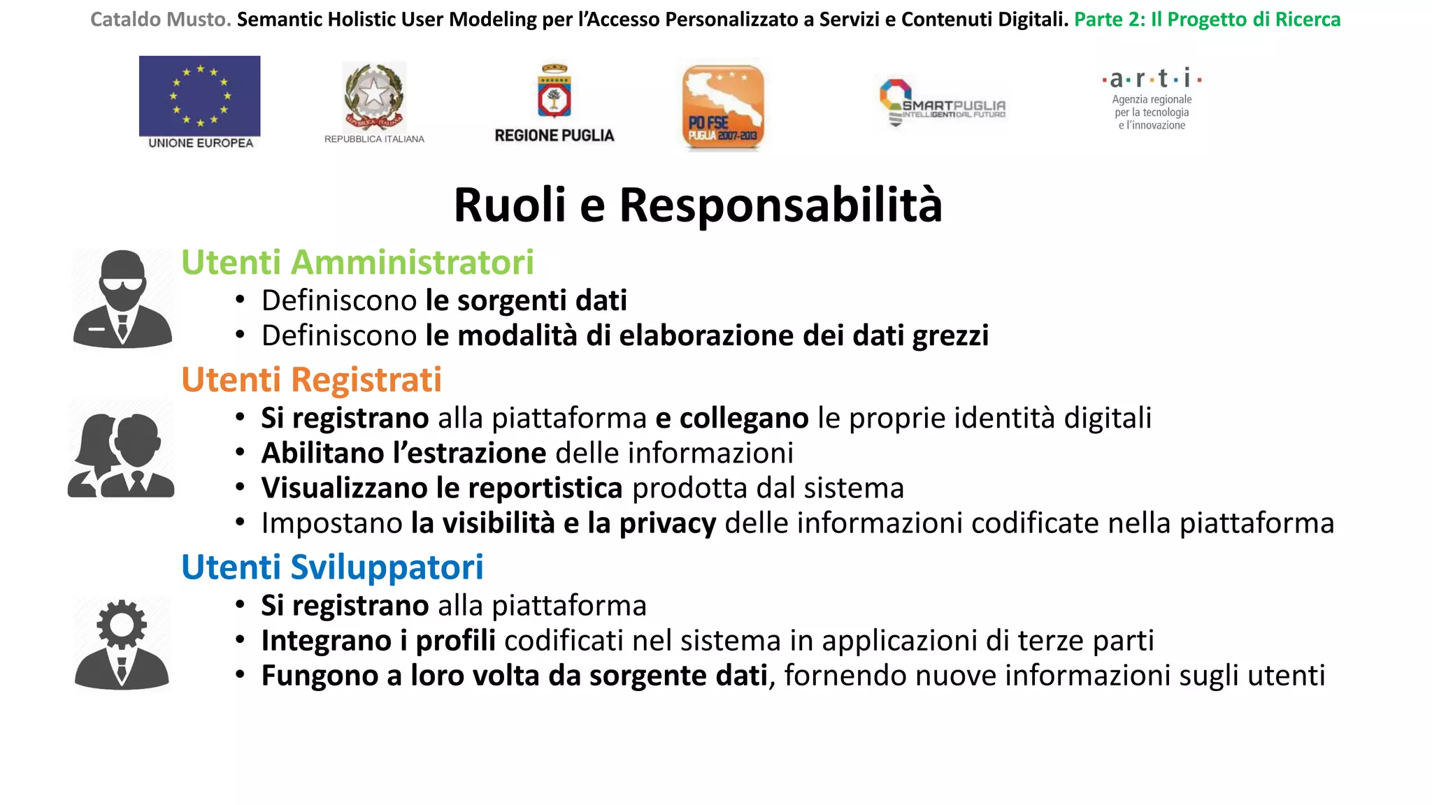 Ruoli e Responsabilità
Utenti Amministratori
• Definiscono le sorgenti dati
• Definiscono le modalità di elaborazione dei dati grezzi
Utenti Registrati
• Si registrano alla piattaforma e collegano le proprie identità digitali
• Abilitano l’estrazione delle informazioni
• Visualizzano le reportistica prodotta dal sistema
• Impostano la visibilità e la privacy delle informazioni codificate nella piattaforma
Utenti Sviluppatori
• Si registrano alla piattaforma
• Integrano i profili codificati nel sistema in applicazioni di terze parti
• Fungono a loro volta da sorgente dati, fornendo nuove informazioni sugli utenti
Cataldo Musto. Semantic Holistic User Modeling per l’Accesso Personalizzato a Servizi e Contenuti Digitali. Parte 2: Il Progetto di Ricerca
 