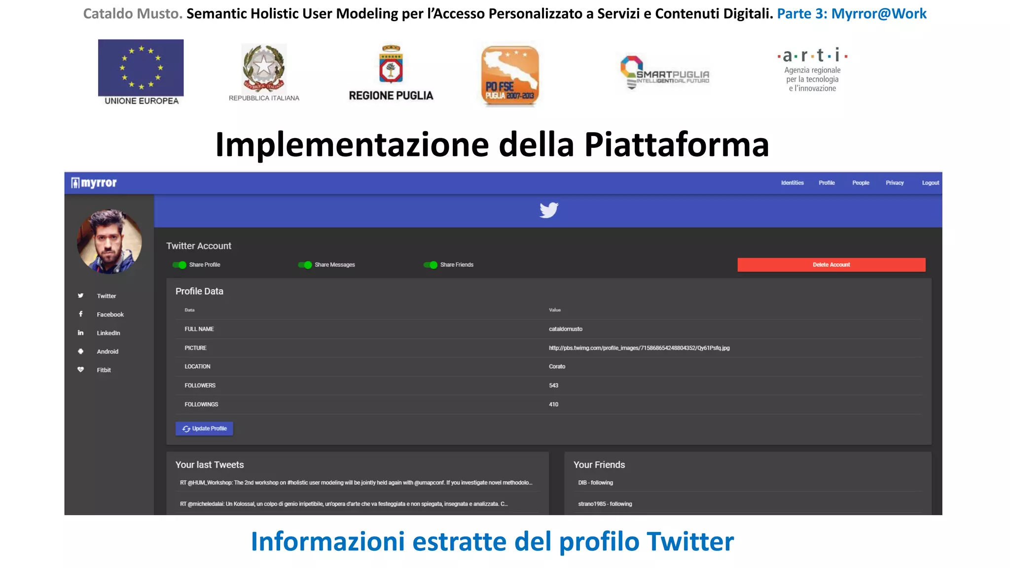 Cataldo Musto. Semantic Holistic User Modeling per l’Accesso Personalizzato a Servizi e Contenuti Digitali. Parte 3: Myrror@Work
Implementazione della Piattaforma
Informazioni estratte del profilo Twitter
 