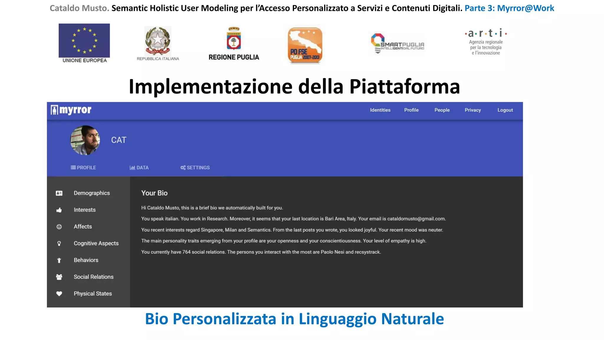 Cataldo Musto. Semantic Holistic User Modeling per l’Accesso Personalizzato a Servizi e Contenuti Digitali. Parte 3: Myrror@Work
Implementazione della Piattaforma
Bio Personalizzata in Linguaggio Naturale
 