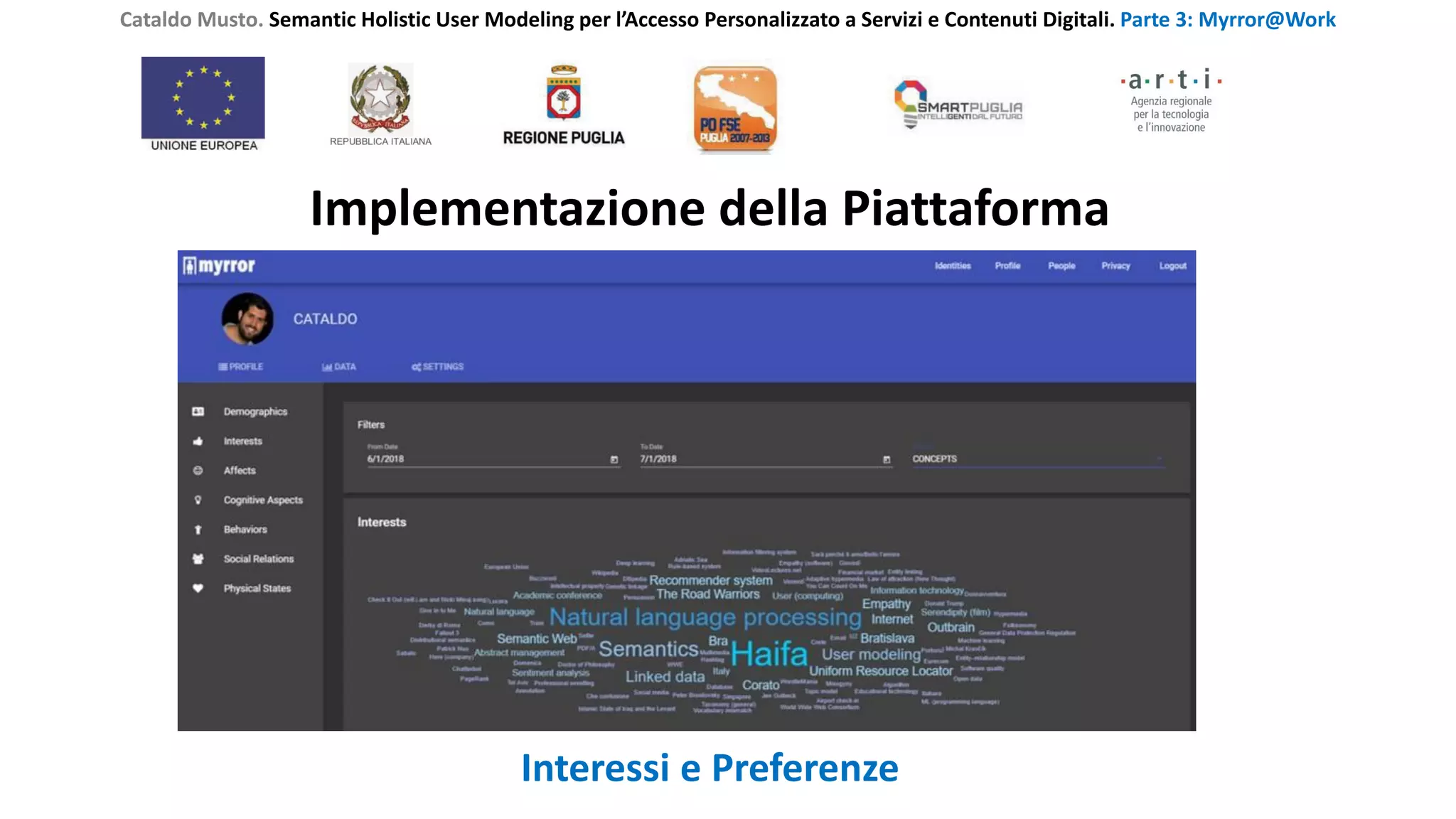 Cataldo Musto. Semantic Holistic User Modeling per l’Accesso Personalizzato a Servizi e Contenuti Digitali. Parte 3: Myrror@Work
Implementazione della Piattaforma
Interessi e Preferenze
 