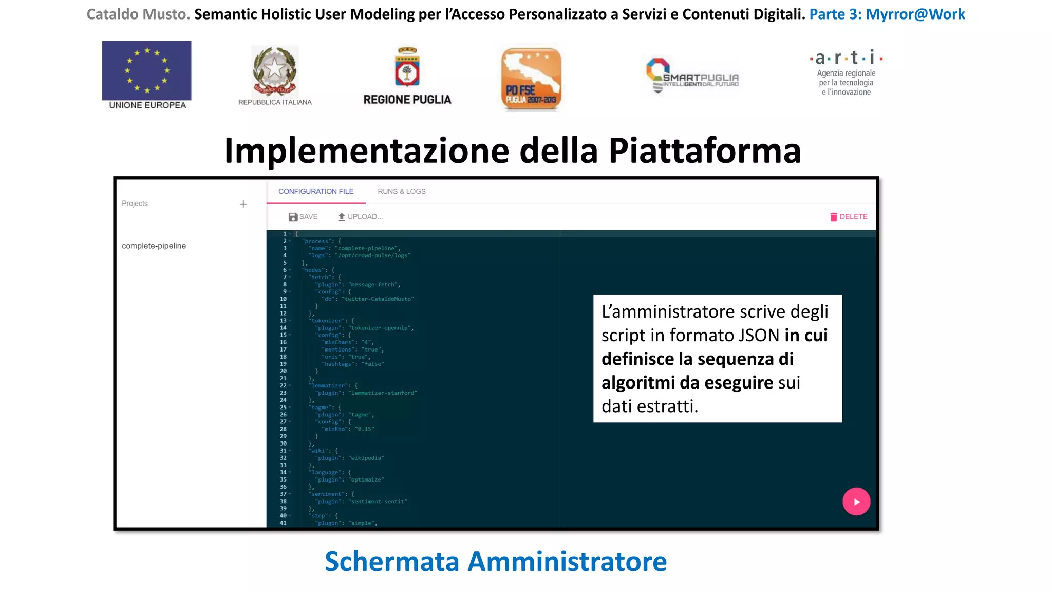 Cataldo Musto. Semantic Holistic User Modeling per l’Accesso Personalizzato a Servizi e Contenuti Digitali. Parte 3: Myrror@Work
Implementazione della Piattaforma
Schermata Amministratore
L’amministratore scrive degli
script in formato JSON in cui
definisce la sequenza di
algoritmi da eseguire sui
dati estratti.
 