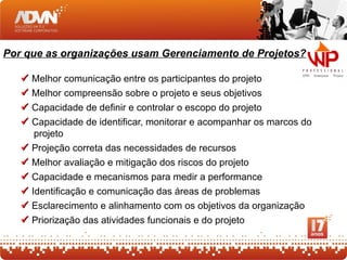 Por que as organizações usam Gerenciamento de Projetos?

      Melhor comunicação entre os participantes do projeto
      Melhor compreensão sobre o projeto e seus objetivos
      Capacidade de definir e controlar o escopo do projeto
      Capacidade de identificar, monitorar e acompanhar os marcos do
        projeto
      Projeção correta das necessidades de recursos
      Melhor avaliação e mitigação dos riscos do projeto
      Capacidade e mecanismos para medir a performance
      Identificação e comunicação das áreas de problemas
      Esclarecimento e alinhamento com os objetivos da organização
      Priorização das atividades funcionais e do projeto
 